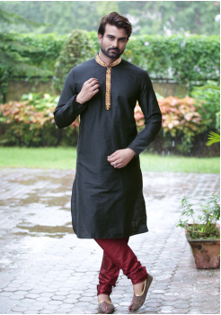 Black with Maroon Color Silk Kurta Set